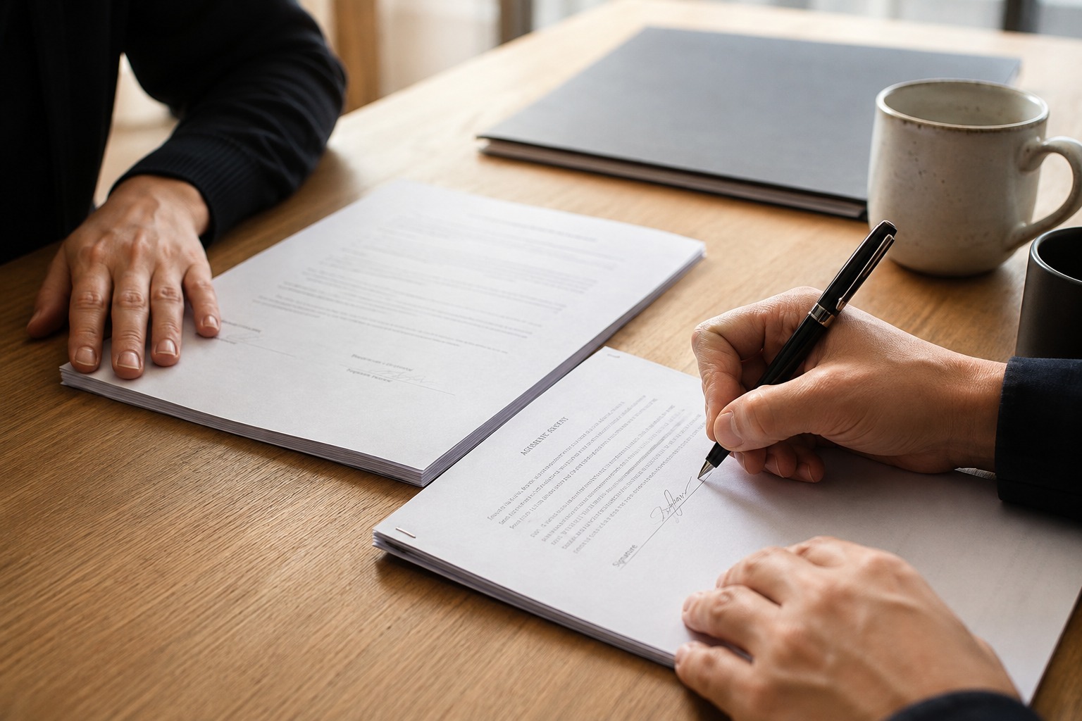 Two people signing an agreement across a table, photographed close and cropped at the wrists, one hand signing the final page with a fountain pen and another resting on the duplicate copy.