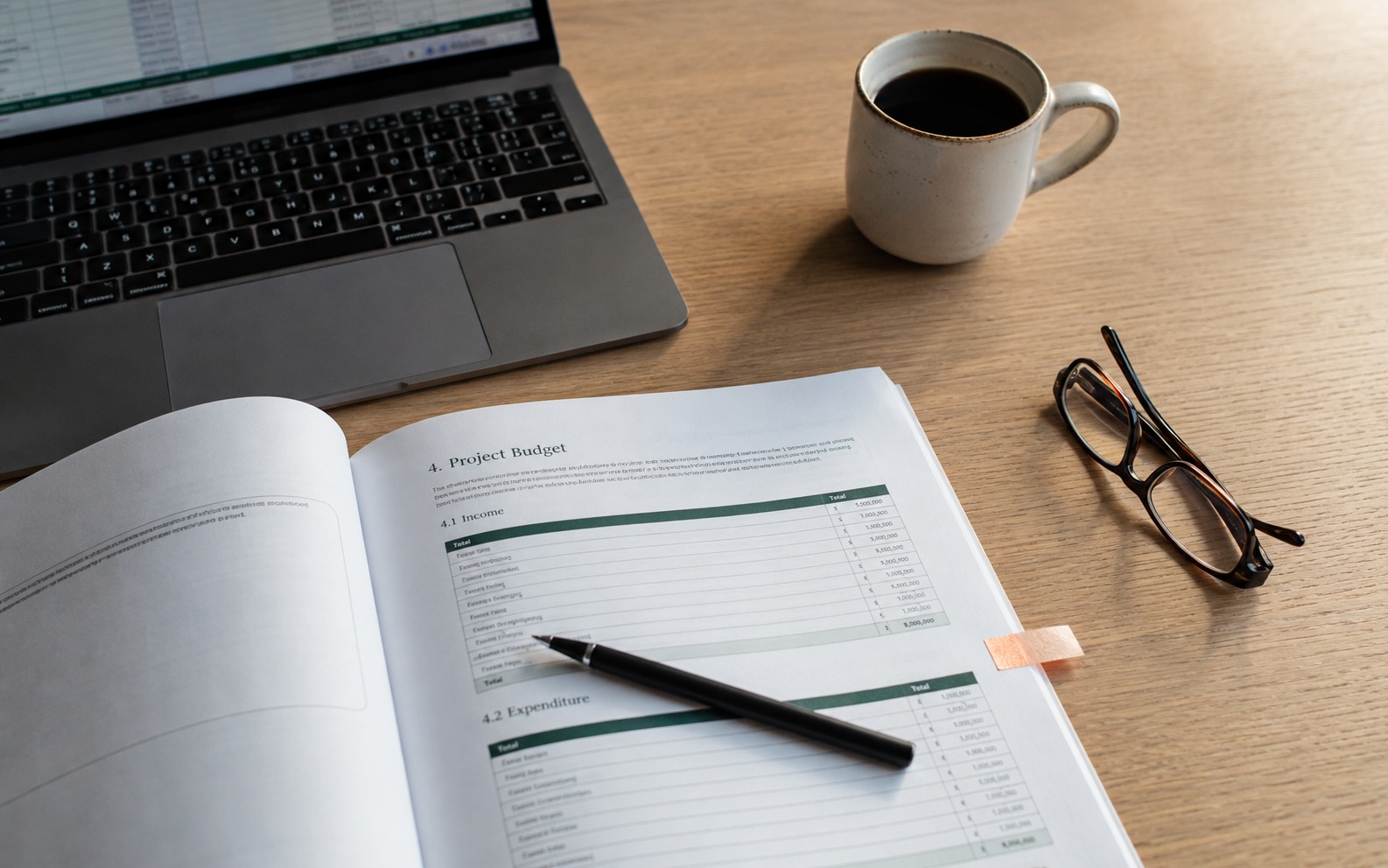 A funding application open on a desk at a project budget page, beside a laptop showing a spreadsheet, a pen, reading glasses and a mug of coffee.