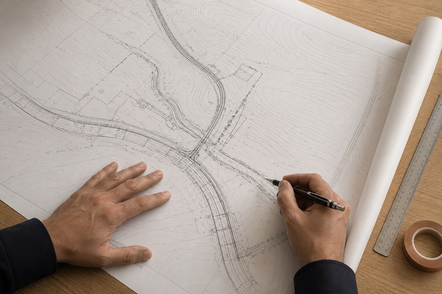 A large site plan unrolled on a table showing contours, a road alignment and drainage, with one hand holding the paper flat and another marking it with a mechanical pencil, beside a steel scale rule.