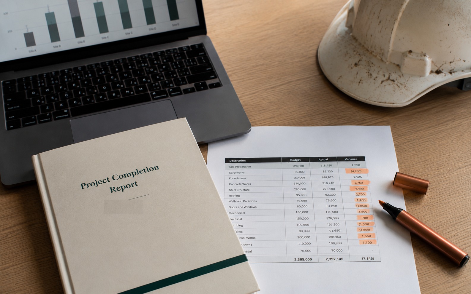 A bound project completion report closed on a desk beside a laptop showing a bar chart, a printed budget-versus-actual spreadsheet marked with highlighter, and a scuffed hard hat with dried mud on the brim.