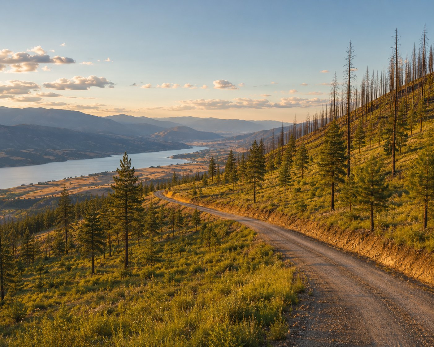 A graded gravel forest road climbing a regenerating ponderosa pine slope, with fire-killed snags standing on the ridge above and a long blue lake in the valley below.