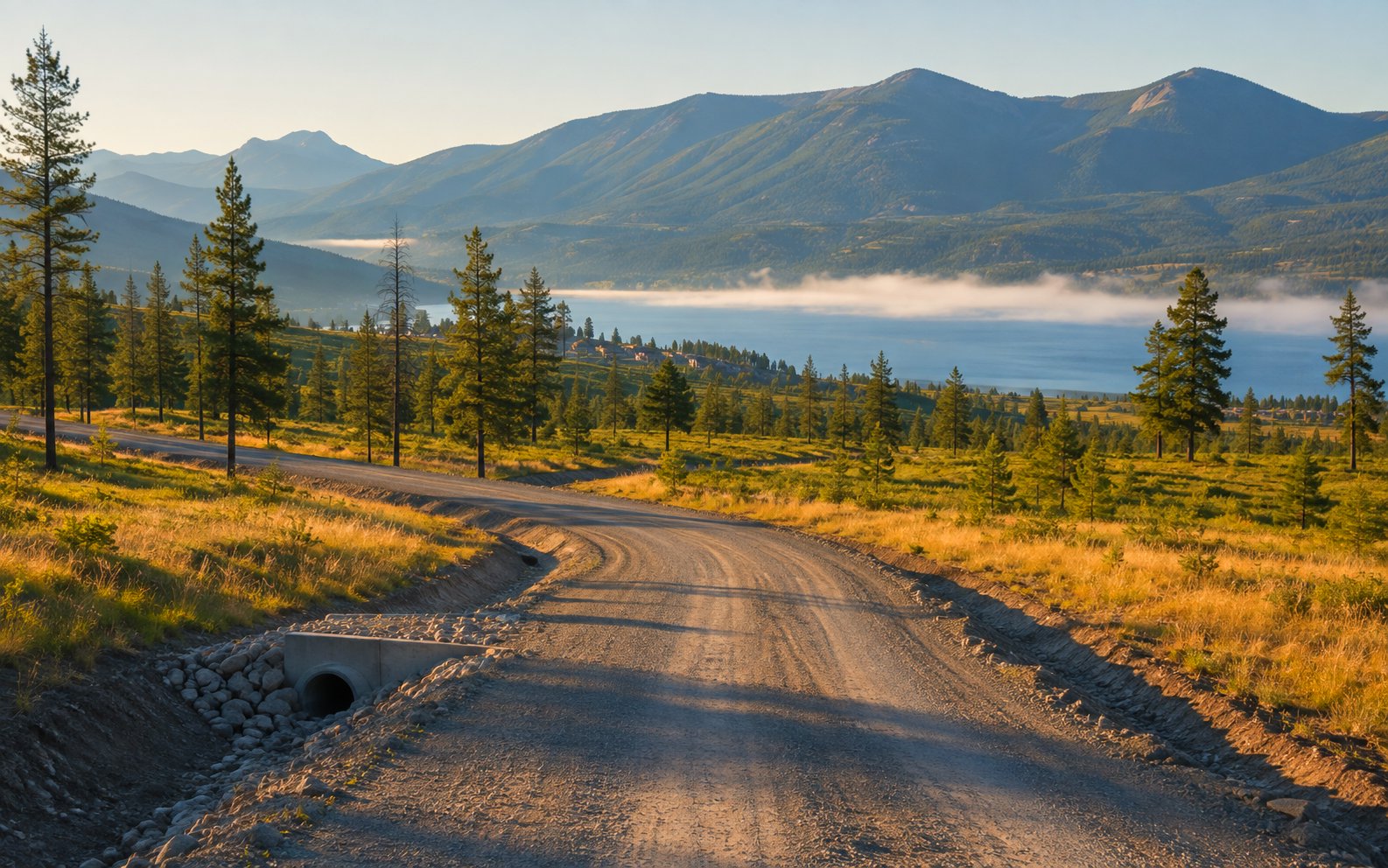 A newly built gravel road with a rock-armoured culvert and clean drainage ditches, curving through pine forest toward a small lakeside community.