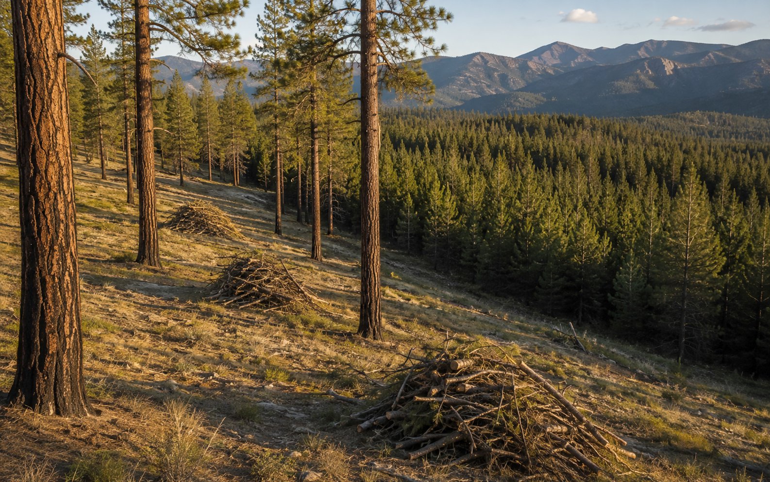 A ponderosa pine stand after fuel treatment — understory cleared, mature trees retained and slash piles stacked — with dense untreated forest beyond the treatment boundary.